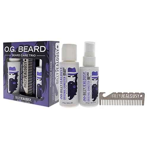 Billy Jealousy Original Gangster Beard Kit with Trave Size Beard Wash, Oil and Titanium Keychain Comb to Cleanse, Stengthen & Soften Facial Hair, Oud Wood Scent