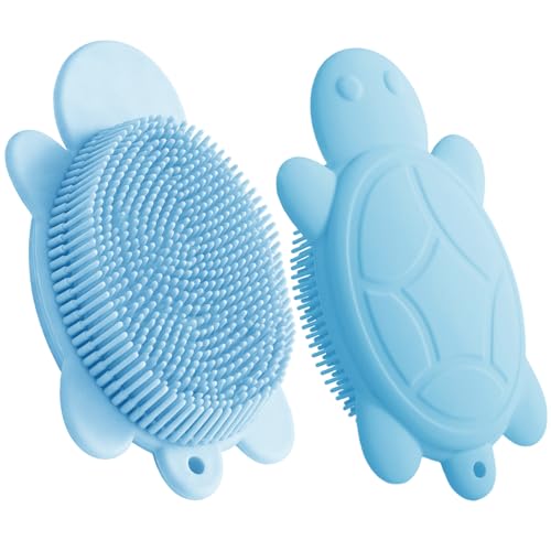 Children's Shower Brush, Silicone Body and Back Exfoliating Mitt - Soft Bristles, Gentle Exfoliation, Cute Turtle Design Makes Children Love Bathing(Wathet)