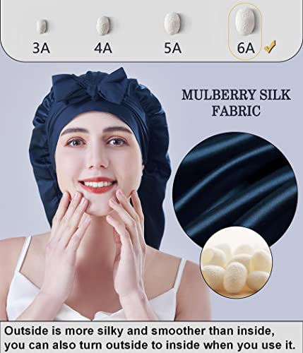 XL Blue Mulberry Silk Sleep Bonnet for Curly Hair - Non-Slip, Adjustable, Long Band