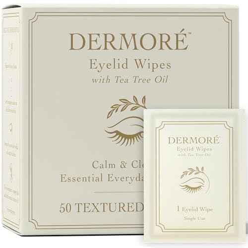 DERMORE 50Pcs Tea Tree Eyelid Cleansing Wipes | Individually Wrapped Refreshing & Daily Hygiene Eyelid Wipes | Preservative-Free with Chamomile and Aloe | Gentle Care for Dry, Itchy & Tired Skin