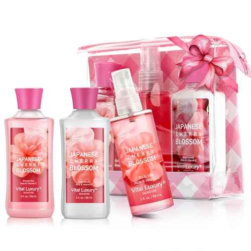 Bath and Body Gift Set for Women and Girls, Japanese Cherry Blossom Spa Set With Natural Extracts-Shower Gel, Body Lotion, Body Mist, Body Care Travel Set for Birthday Mother's Day Gifts
