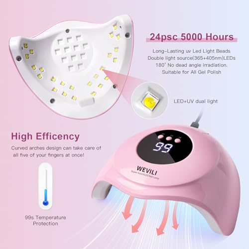 WEVILI Pink UV LED Nail Lamp - 72W Gel Polish Curing Light with 24 Beads & Auto Sensor