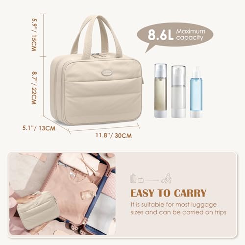 Travel Toiletry Bag with Jewelry Organizer,Hanging Toiletry Bag Carry-on Puffy Cosmetic Make up Bag Organizer for Travel Accessories,Essentials,Toiletries,Apricot