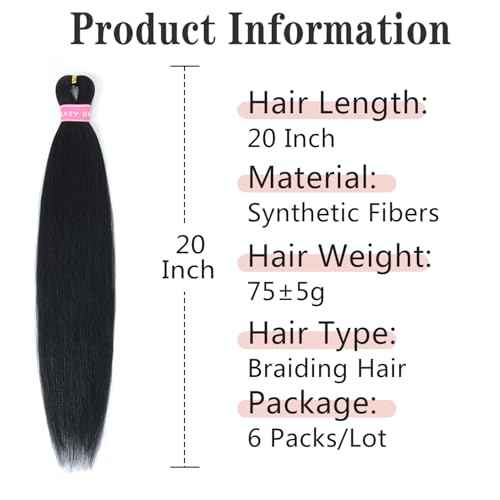 Black Braiding Hair Pre Stretched 20 Inch 6 Pack Synthetic Braids Hair Extensions for Women (1B)