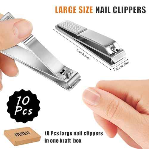 10-Pack Large Stainless Steel Nail Clippers Bulk for Men Women Adults, Straight Edge Toenail Clippers for Thick Nails, 3.15 x 0.6 inch Long Handle Big Toe Nail Clipper Set (Silver)