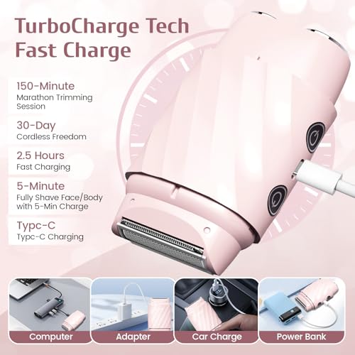 4-in-1 Electric Razor for Women, Bikini Trimmer & Facial Hair Remover, Rechargeable Cordless Dual-Head Shaver, IPX7 Waterproof, Painless & Hypoallergenic for Sensitive Areas, Pink