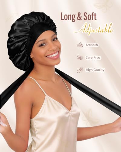 BONNET QUEEN Satin-Lined Sleep Bonnet with Tie Band - Medium Black