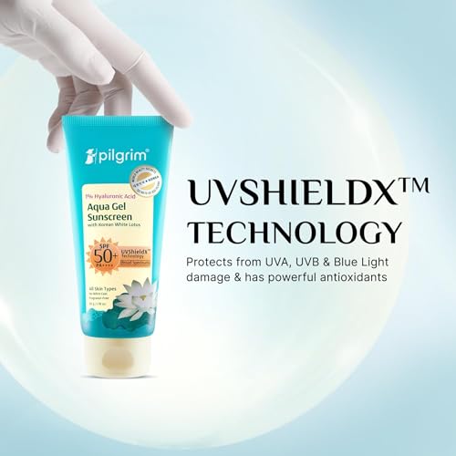 Pilgrim Aqua Gel Sunscreen SPF 50+ PA++++ with 1% Hyaluronic Acid & Korean White Lotus | Broad Spectrum UV Protection | Lightweight Hydrating Sunscreen for All Skin Types | 1.69 Fl Oz (50 ml)