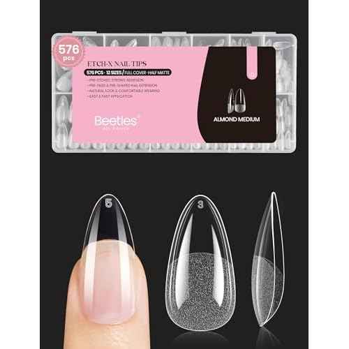 Beetles Medium Almond Nail Tips 576pcs 12 Sizes, Pre-Etched Soft Gel Nail Tips Half Matte Full Cover Press on False Nail Tips Clear Acrylic Nails Glue on Nails DIY Nail Extension Gift for Women