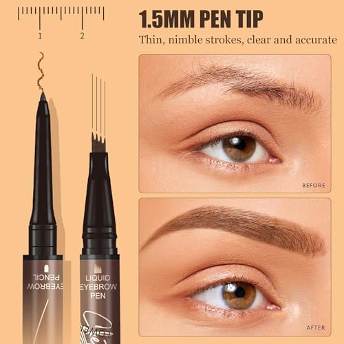 Microblading Eyebrow Pen, 2-in-1 Dual-Ended Magical Waterproof Eyebrow Pencil with 4-Prong Micro-Fork-Tip Applicator, Brow Pen for Women Creates Natural Looking Brows Effortlessly (Dark Brown)