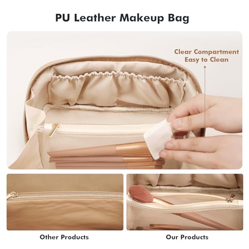 Prite Makeup Bag for Women Travel Waterproof Vegan Leather Cosmetic Bag Open Flat Toiletry Bag With Clear Divider and Handle (Beige)