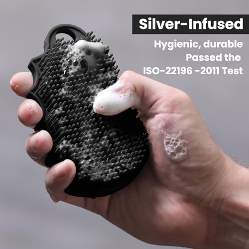 Silicone Body Scrubber Silver-Infused Dual-Sided 3-in-1 for Shower, Body Cleaning+Massage+Exfoliator Body Brush Buffer for Men and Women, Silicone Loofah, Non-Slip Handle (Black)
