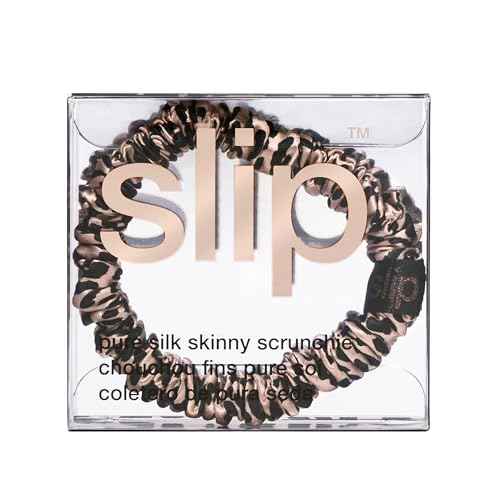 SLIP Skinny Scrunchie, Rose Leopard |Pure Silk Skinny Scrunchie | 100% Mulberry Silk, Anti-Crease, Gentle on Hair, Reduces Breakage | Stylish & Durable, Amazon Exclusive