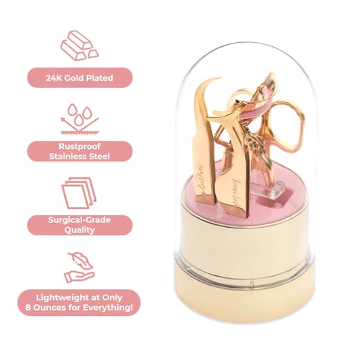4-in-1 False Eyelash Tool Kit - DIY Lash Extension Kit with Tweezer, Curler, Scissors, Applicator - 24K Gold Plated Stainless Steel Accessories in Clear Dome Organizer, Beautiful Gift Box