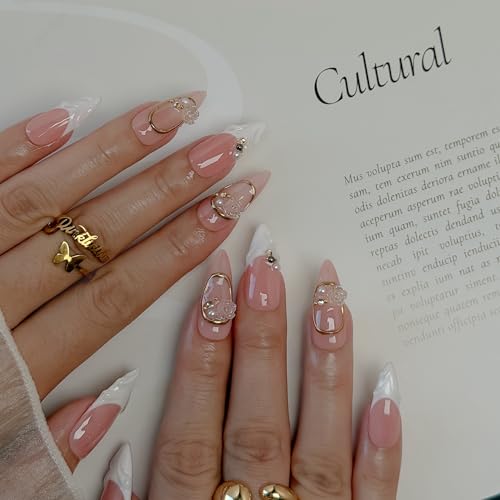 Sculpted Bloom Nude & White Elegant Press-On Nails, Gold Frame 3D Floral Luxury Bridal Nails for Wedding, 25mm Acrylic/UV Gel Classy Minimalist Nail Art (light pink, L)