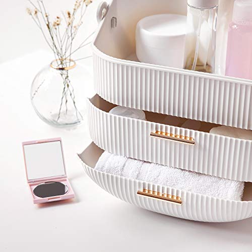Navaris Makeup Organizer Storage Box - Cosmetics, Skincare and Beauty Case with Clear Lid Display and 2 Drawers - Bathroom Counter or Vanity - White