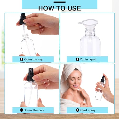 Layhit 100 Pcs 4 oz Small Spray Bottles Bulk, 120ml Clear Plastic Spray with 5 Pcs Small Funnels Mini Empty Fine Mist Bottles for Essential Oils Travel Perfumes