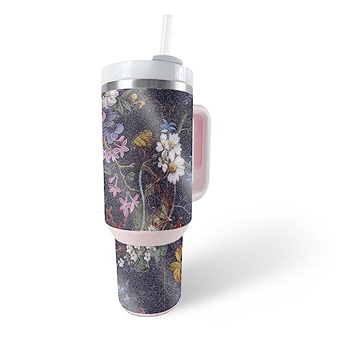 MightySkins Glossy Glitter Skin Compatible with Stanley The Quencher H2.0 FlowState 40 Oz Tumbler - Midnight Blossom | Protective, Durable High-Gloss Glitter Finish | Easy to Apply