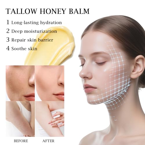 100% Grass Fed Whipped Beef Tallow Balm, Ultra Moisturizing Skin Cream for Face, Body Hands, Natural Skincare with Honey Coconut Oil Olive Oil and Avocado Oil for All Skin (1)