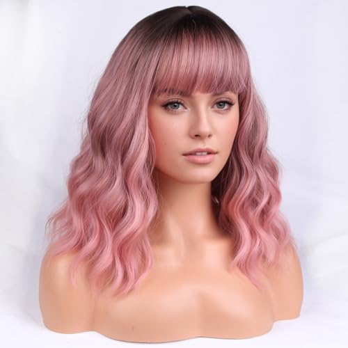 PATTNIUM Ombre Pink Wigs for Women Shoulder Length Curly Short Wavy Bob 12'' Heat-Resistant Synthetic Hair