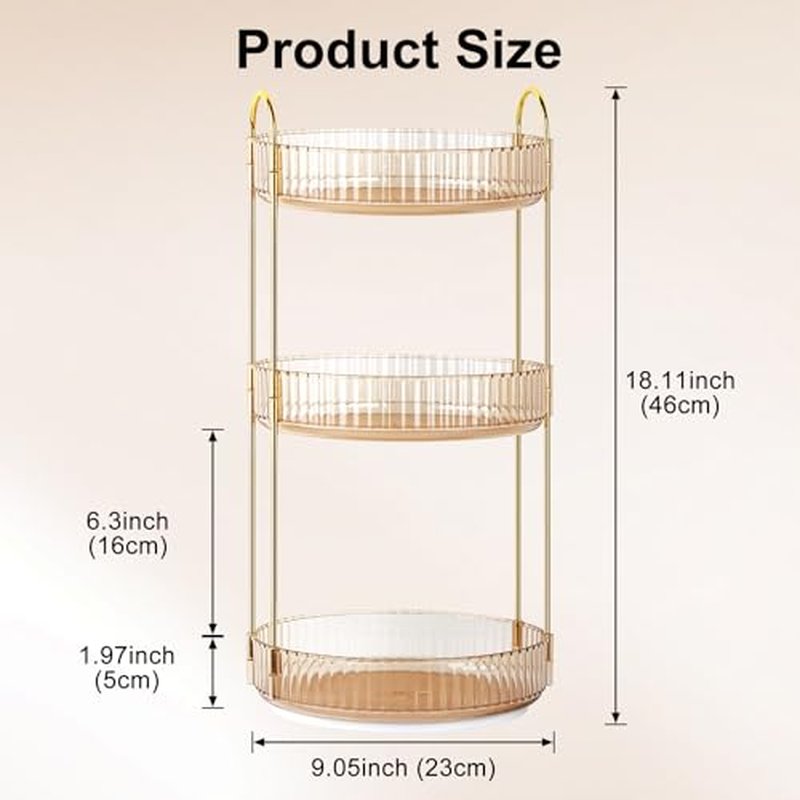 360° Rotating Makeup Organizer - 3 Tier Amber Gold Cosmetic Holder
