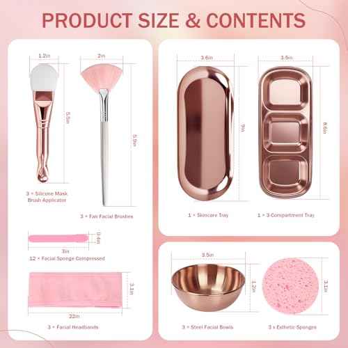 29Pcs Esthetician Facial Supplies Tools Set - DIY Skincare Kit, 3 Facial Bowls, 1 Compartment Tray, 1 Skincare Tray, 3 Fan Mask Brushes, 3 Silicone Mask Brusher Applicator, 3 Headbands & 15 Sponges