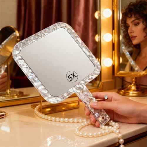 YEAKE Hand Mirror,Double-Sided Handheld 1X/5X Magnifying Mirror with Handle for Makeup, Shaving Mirror with Hole Hanging,Acrylic, 6.1" W x 10" L, Square Shape, Transparent 1 PC