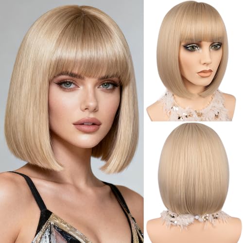 MAYSA 12-Inch Blonde Bob Wig with Bangs - Natural Look Synthetic Hair