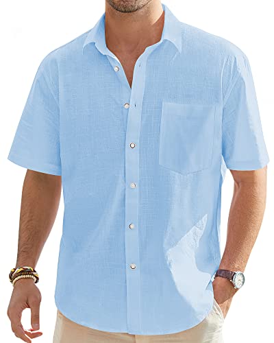 J.VER Men's Short Sleeve Linen Button Down Shirt Casual Beach Wedding Shirt with Pocket Sky Blue Medium