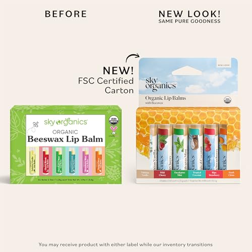 Sky Organics Organic Lip Balms With Beeswax for Lips, USDA Certified Organic, Six Assorted Flavors to Moisturize, Soothe & Soften, 6pk.