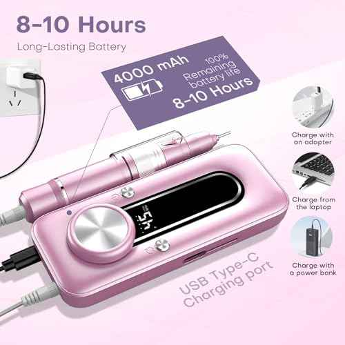 Nail Drill Electric Nail File Kit 45000 RPM Professional Efile Nail Set,Cordless Portable Rechargeable Acrylic Gel Nail Polish Remover Machine Pedicure Manicure Tool with 11 Bits for Salon Home