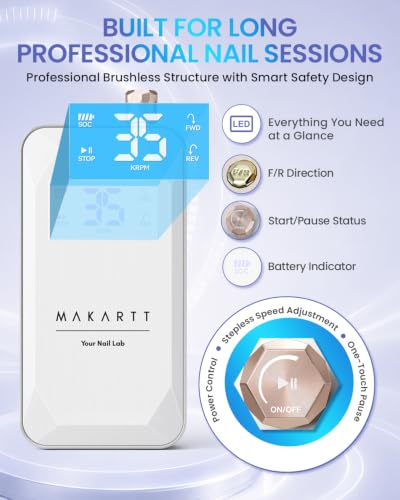 Makartt Brushless Nail Drill - 60W Cordless E-File, 35000RPM