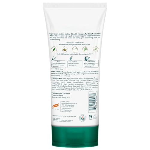 Himalaya Purifying Neem Face Wash, Normal to Oily Skin with Turmeric, Vegan, Soap Free, Paraben Free, Dermatologically Tested, SLS/SLES Free, 5.07 Fl Oz., 150 mL, 2 Pack