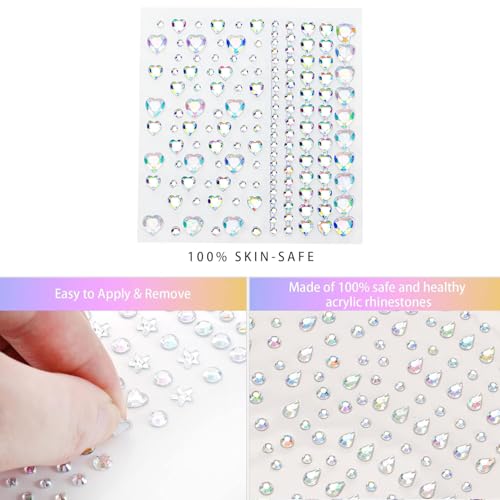 Rhinestone Face Gems Stickers, 4 Sheets Self-Adhesive Face Jewels Diamonds Rhinestones for Makeup Stickers, Body Face Eye Nail Makeup Stickers Temporary Tattoos for Women and Girls