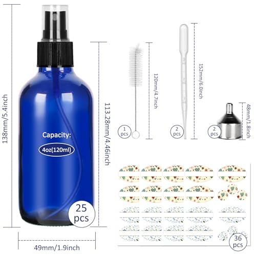 CycleMore 25 Pack 4oz Blue Glass Spray Bottles with Fine Mist Sprayers - Reusable Travel Essential