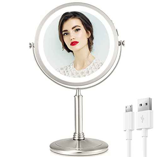 VESAUR 8¡± Rechargeable Lighted Makeup Mirror, 1X/10X Magnifying Vanity Mirror with 3 Colors 50 Dimmable LED Lights