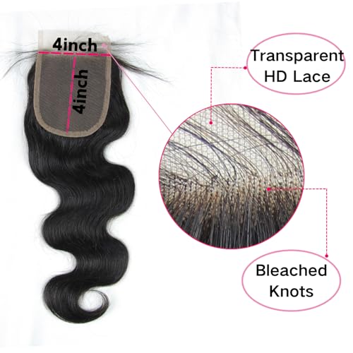 4x4 Lace Closure Body Wave - Transparent HD Free Part Invisible Lace Closure 100% Brazilian Virgin Human Hair Pre Plucked with Baby Hair Natural Black 12A Grade (20 Inch)