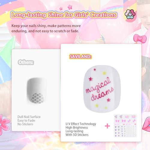 SAVILAND Kids Press On Nails 6 Pack with 3D Stickers - Pre-Glue Full Cover Short Acrylic Tips (Pink Purple Yellow Blue)