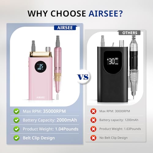 AIRSEE Professional Portable Nail Drill 35000RPM,Rechargeable Cordless Nail Drill for Manicure Salon Home, Eletric NALI E File for Acrylic Nails Gel Polishing Removing, EW4 Pink