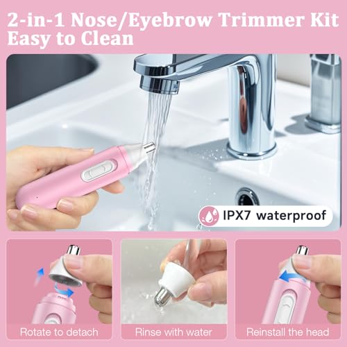 Nose Hair Trimmer for Women Rechargeable :2024 Upgrade 2 in 1 Nose Trimmer for Women, Painless Eyebrow & Facial Hair Trimmer- Dual-Edge Blades, IPX7 Waterproof, Portable for Easy Cleansing, Pink