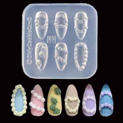Nail Art Silicone Mold Embossed Cream Chain Design DIY Manicure 3D Carving Template with 6 Patterns, Resin Craft Making Tool Mould for Women Nail Decoration