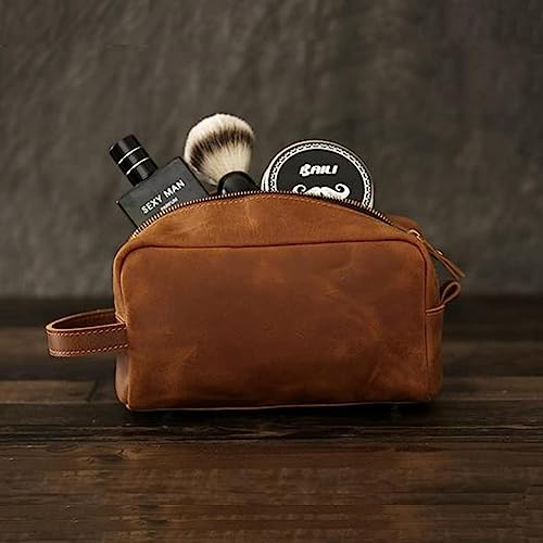 Toiletry Bag for Men or Women, Full Grain Leather Handcrafted Dopp Kit, Vintage Travel Leather Toiletry Travel Pouch, Large Cosmetic Bathroom Travel Shaving Bag, Fully Lined with Cotton Fabric