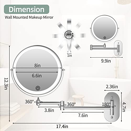 Rechargeable Wall Mounted Lighted Makeup Vanity Mirror 8 inch 1X/20X Magnifying Bathroom Mirror with 3 Color Lights, Double Sided with Dimmable LED Lights, Extended Arm 360¡Æ Swivel Extension Mirror