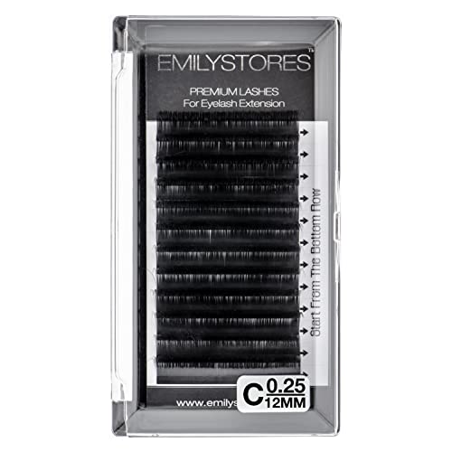 Eyelash Extensions 0.25mm Thickness C Curl 12mm Length For Lash Extensions Volume Individual Semi-Dull Black Eyelashes(0.25,C,12mm)