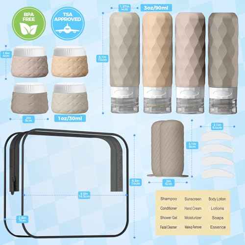 16Pack Travel Bottles for Toiletries, TSA Approved Travel Size Toiletries Containers Set, Silicone Leak Proof Refillable Bottles Elastic Sleeves Creams Jars Accessories Kit W/Clear Bag (Cream)