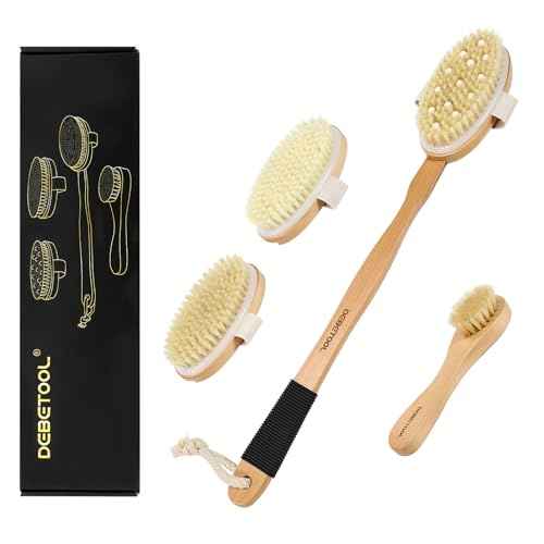 Dry Brush Set for Body & Face - Dry Brushing Body Brush with Long Handle & 3 Replacement Heads (Soft/Medium/Firm) for Lymphatic Drainage Cellulite