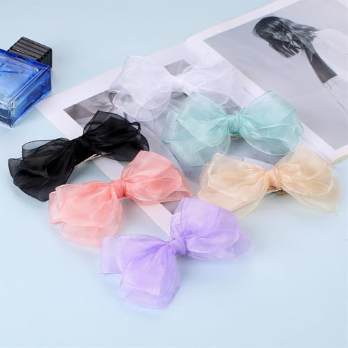 ZOLYCO Large Big 6 Inch Organza Double Hair Bow Clip Party Alligator Mesh Hair Accessories for Women Teens Girls Kids 2 Pcs (Black)