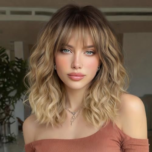 Lativ Blonde Bob Wig with Bangs Short Wavy Curly