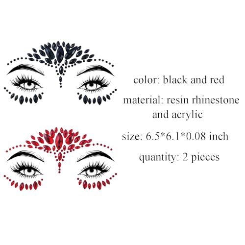 Black and Red Face Gems Jewels - 2 Packs Halloween Rhinestone Stickers
