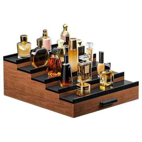 Sephyroth Cologne Organizer 5 Tier of Elegant Bamboo Perfume Organizer for Men with Hidden Storage and Practical Drawer, Perfect for Cologne Display & Gift (5T-WalnutBlack)